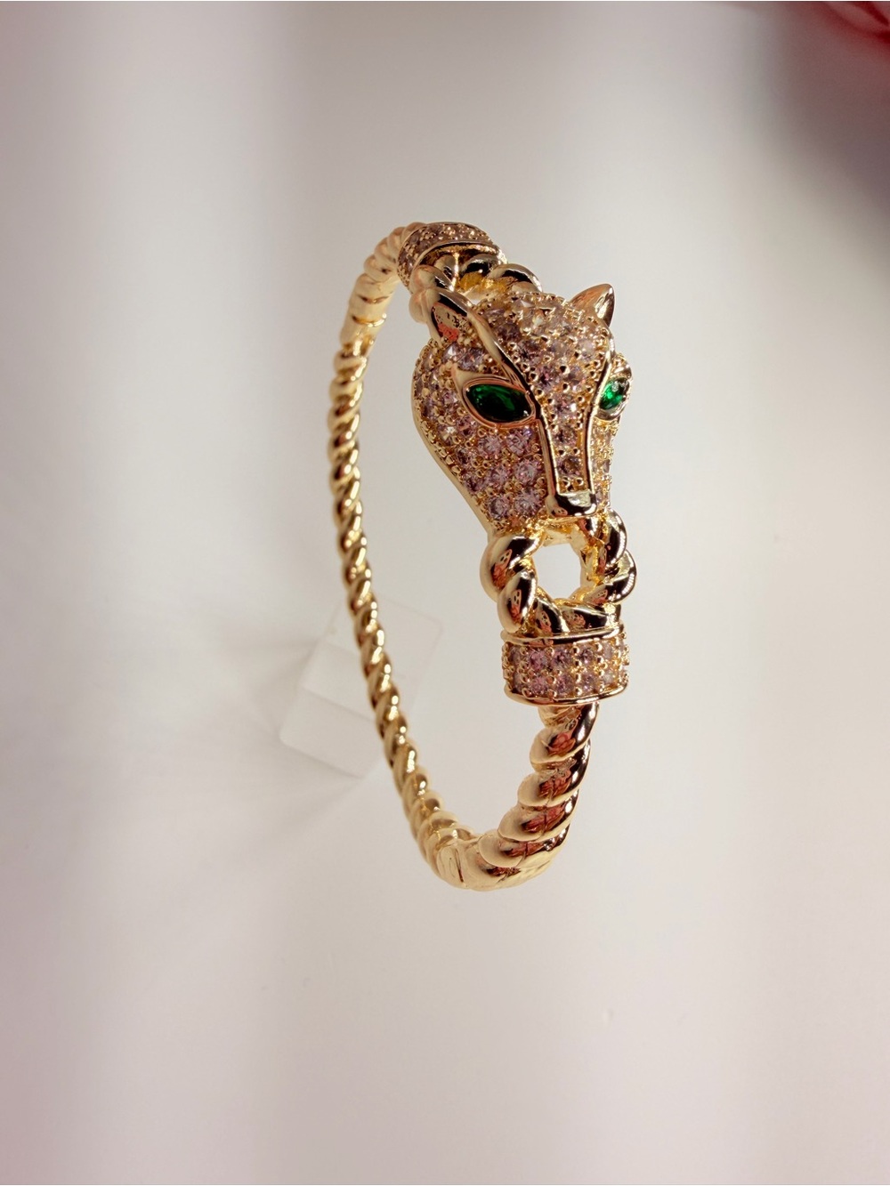 Gold Panther Head Crystal Bangle Bracelet - Green Eye Accent
